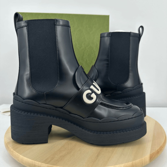 Gucci Women’s Ornella Leather Boots Logo Chunky Platform Chelsea US 8 Black NIB - Picture 15 of 15